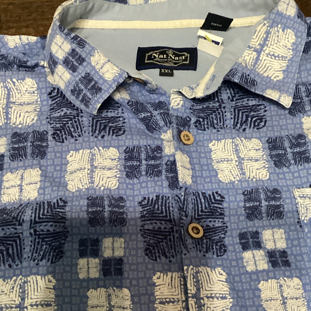 Nat Nast Light Blue and Navy Patterned Short-Sleeve Button-Down Shirt